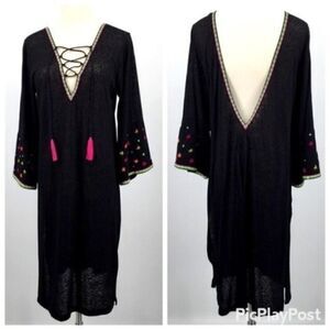 Pitusa Black midi dress with bell sleeves colorful embroidery swim cover BoxB